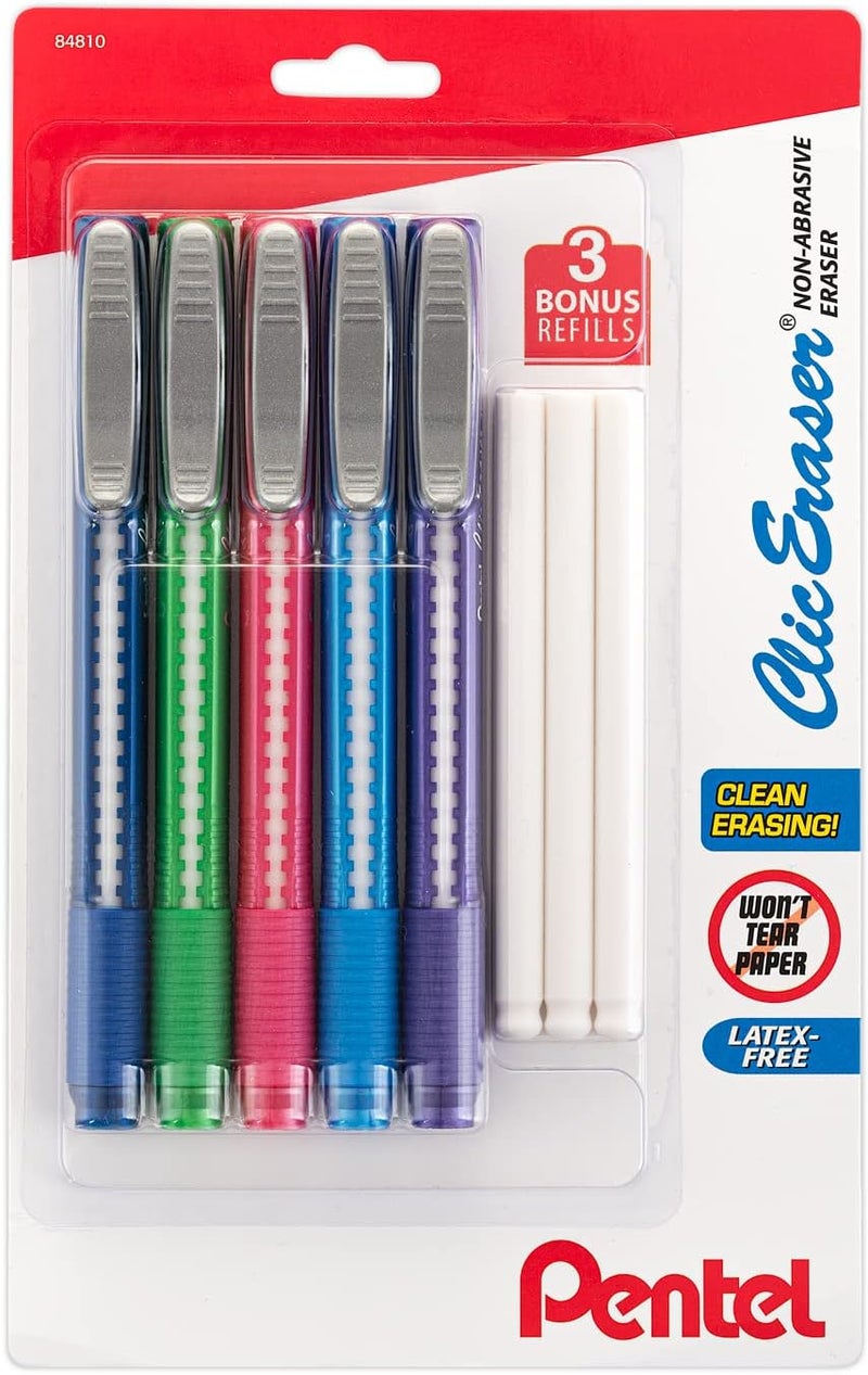 Pentel Clic Retractable Eraser, Assorted Colored Pen Style Grip Erasers, Pack of 5 + 3 Refills - Image 1